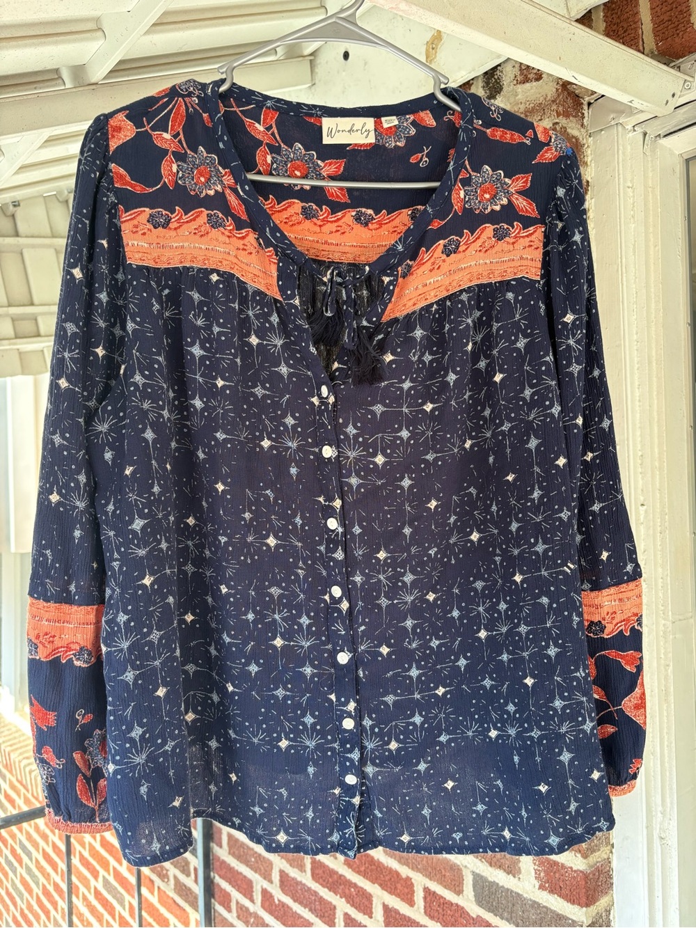 Wonderly Navy and Coral Button-Front Boho Blouse PXL
